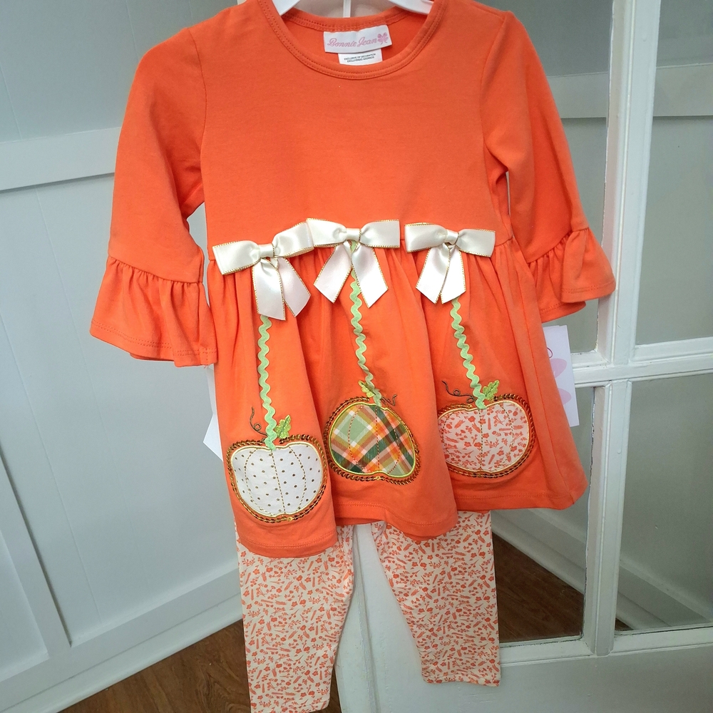 Bonnie Jean Orange Pumpkin Tunic with Cream Bows & Printed Leggings